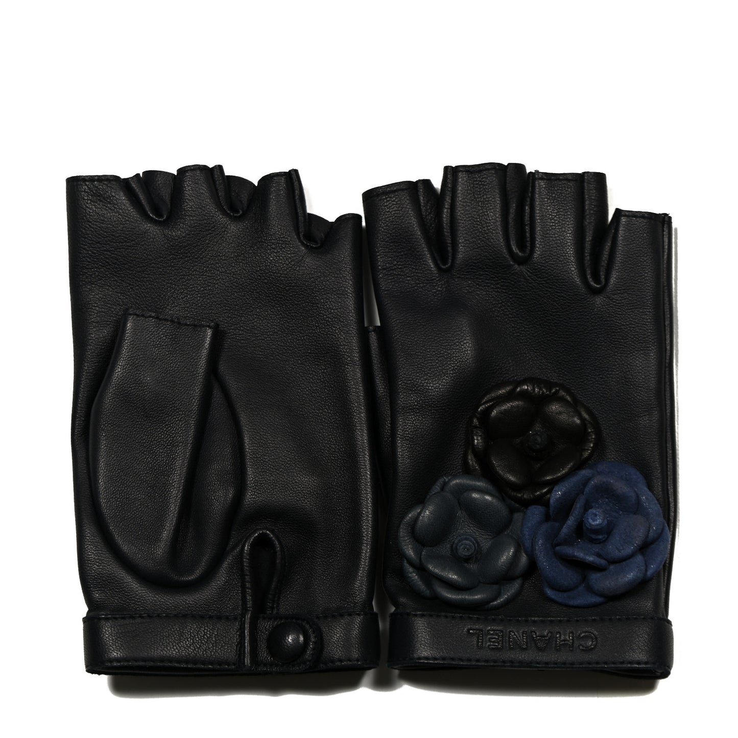 Lambskin Camellia Fingerless Gloves 7.5 Black Navy Blue Grey
