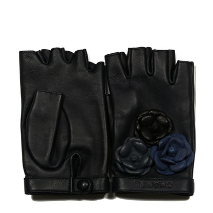 Chanel Lambskin Camellia Fingerless Gloves 7.5 Black Navy Blue Grey 2 of 4