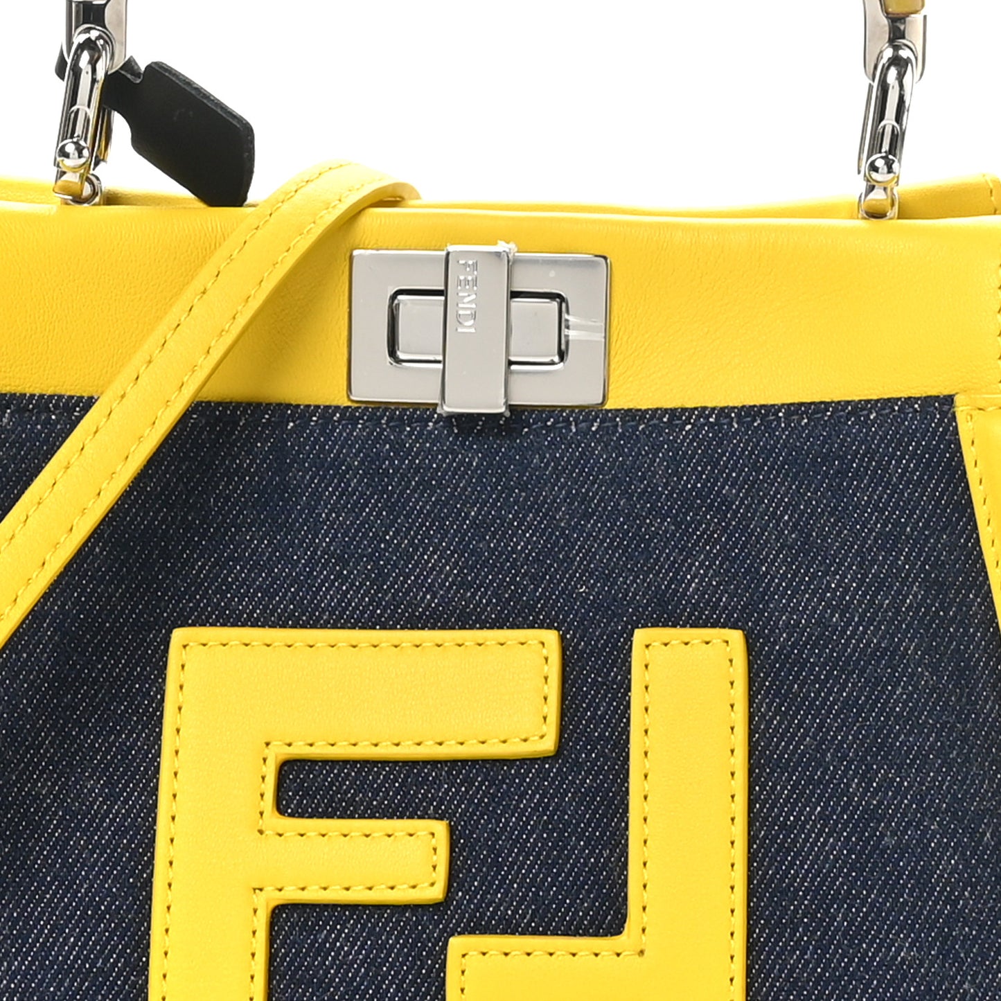 Denim Fabric Nappa FF Mini Peekaboo Iconic Satchel Yellow