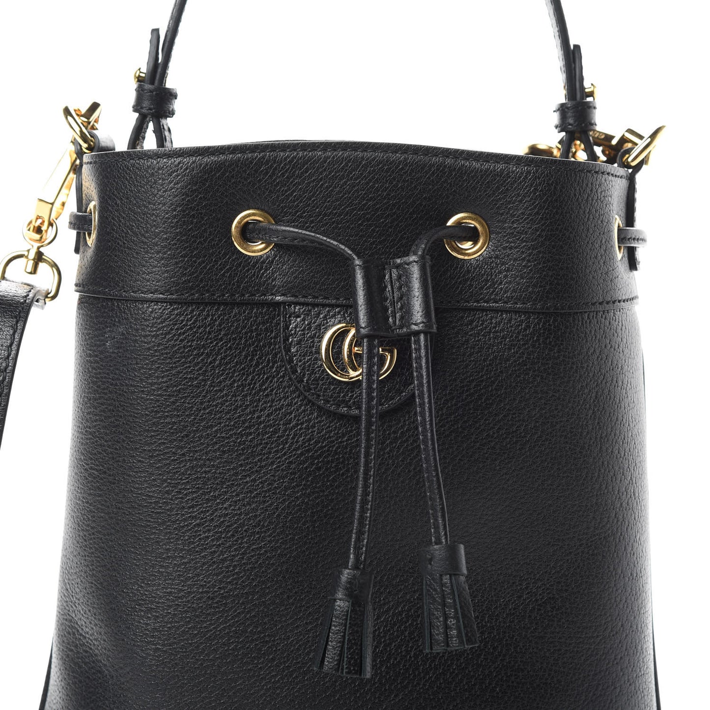 Glazed Textured Calfskin Web Small Ophidia Bucket Bag Black