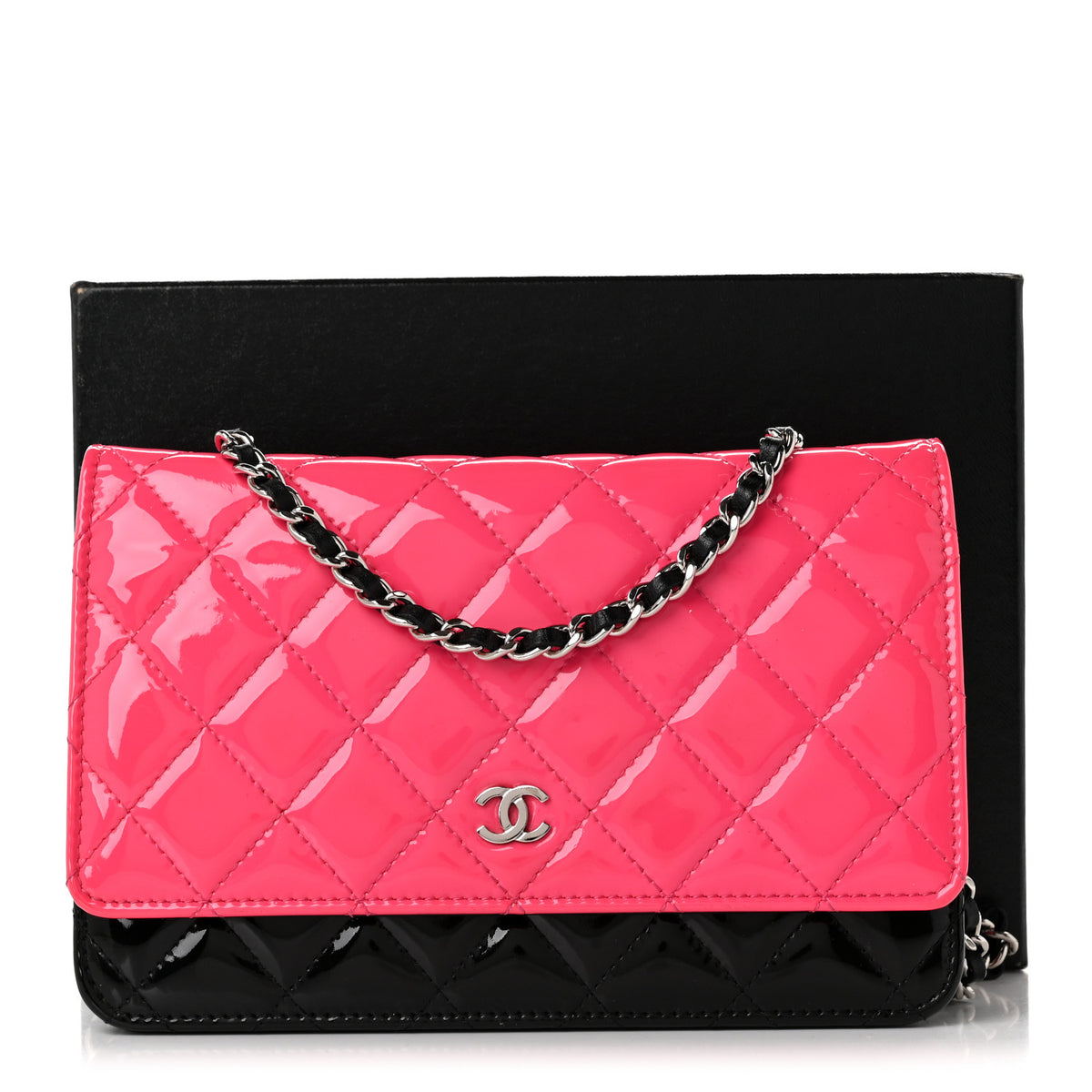 Patent Quilted Bi-Color Wallet On Chain WOC Pink Black