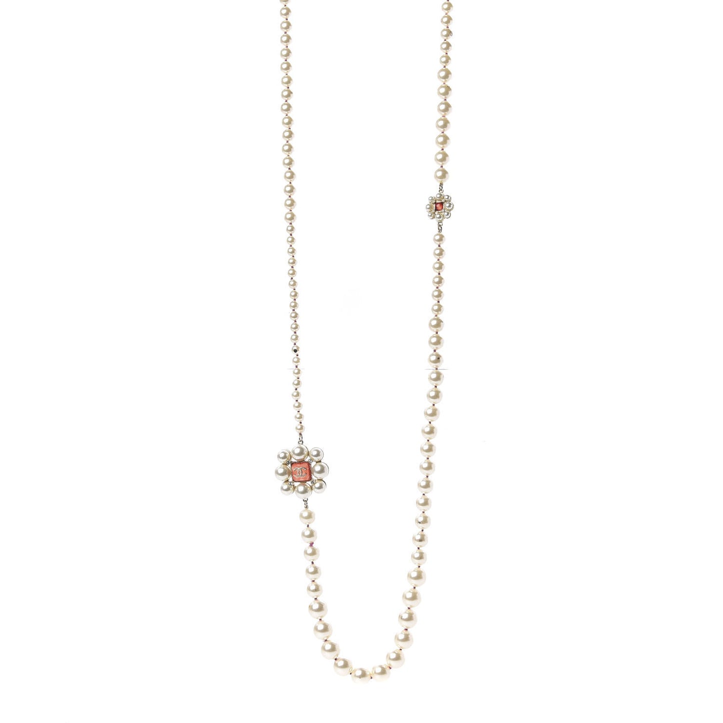 Pearl Crystal Gripoix CC Long Necklace Gold Pearly White Red