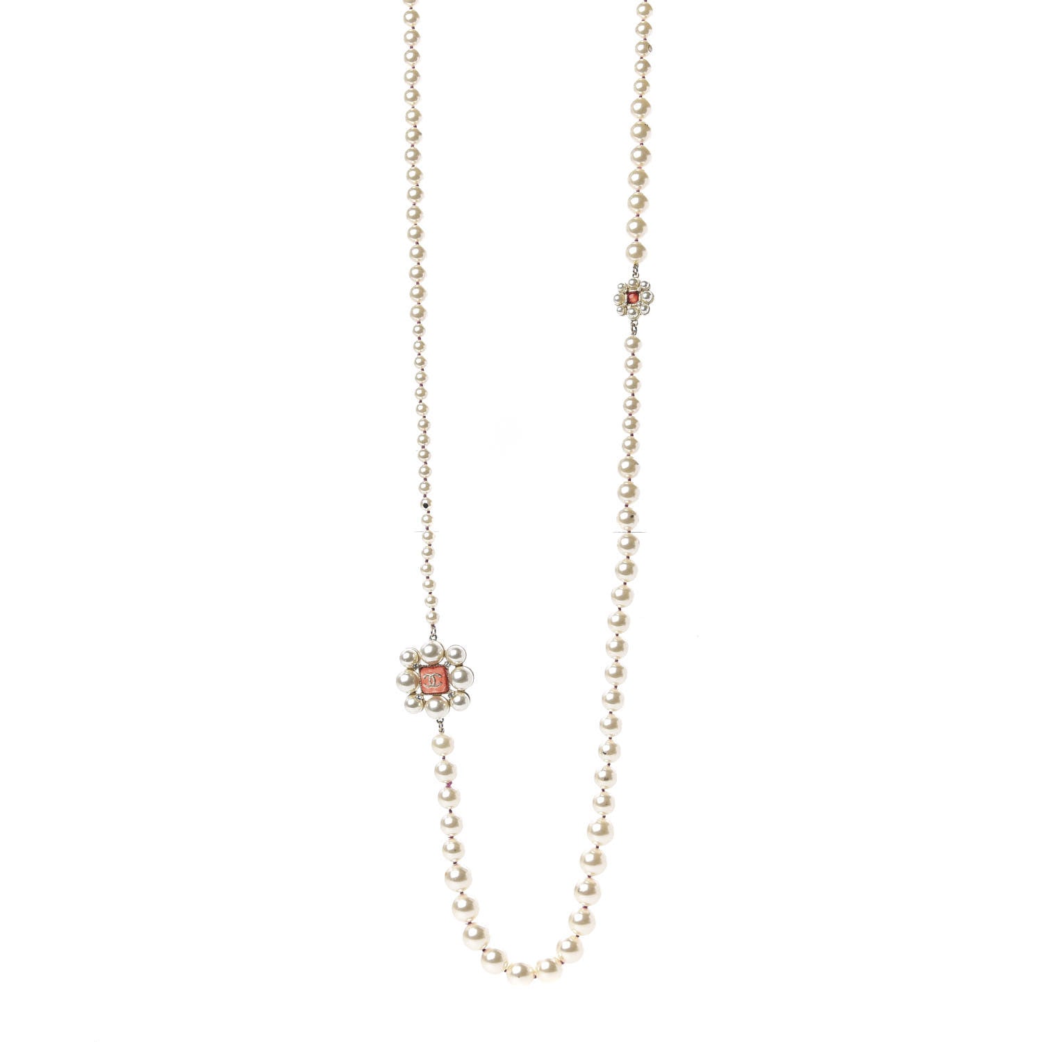 Chanel Pearl Crystal Gripoix CC Long Necklace Gold Pearly White Red 1 of 8