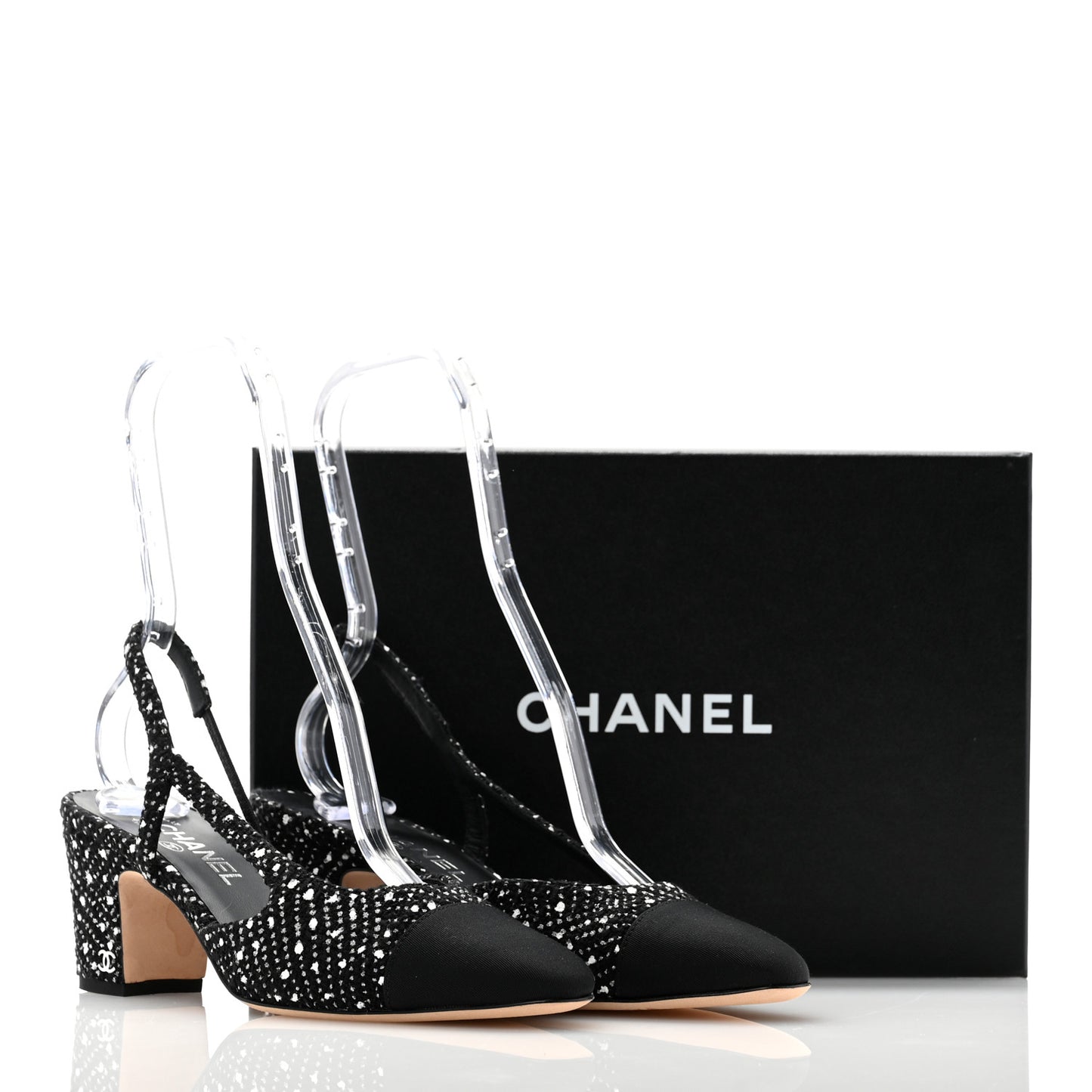 Tweed Grosgrain Cap Toe CC Slingback Pumps 39 Black Silver White