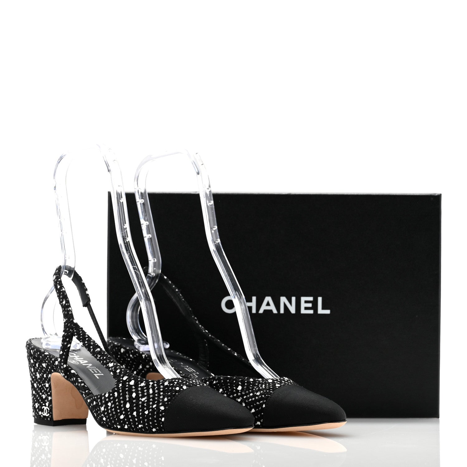Chanel Tweed Grosgrain Cap Toe CC Slingback Pumps 39 Black Silver White 9 of 9