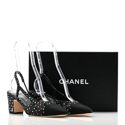 Chanel Tweed Grosgrain Cap Toe CC Slingback Pumps 39 Black Silver White 9 of 9