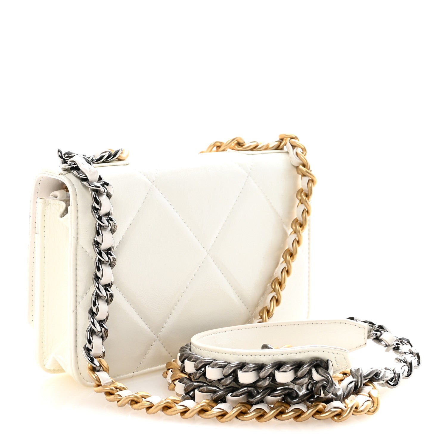 Chanel Shiny Crumpled Calfskin Quilted Chanel 19 Wallet On Chain WOC White 3 of 11