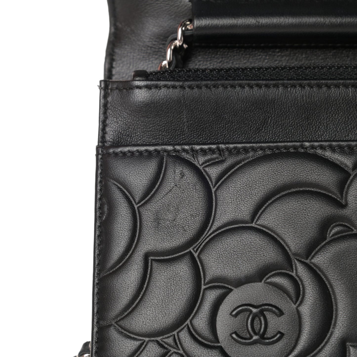 Lambskin Camellia Embossed Wallet on Chain WOC Black