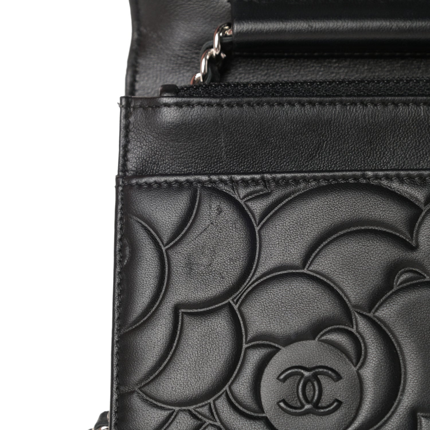 Chanel Lambskin Camellia Embossed Wallet on Chain WOC Black 12 of 13