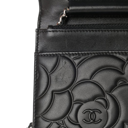 Chanel Lambskin Camellia Embossed Wallet on Chain WOC Black 12 of 13