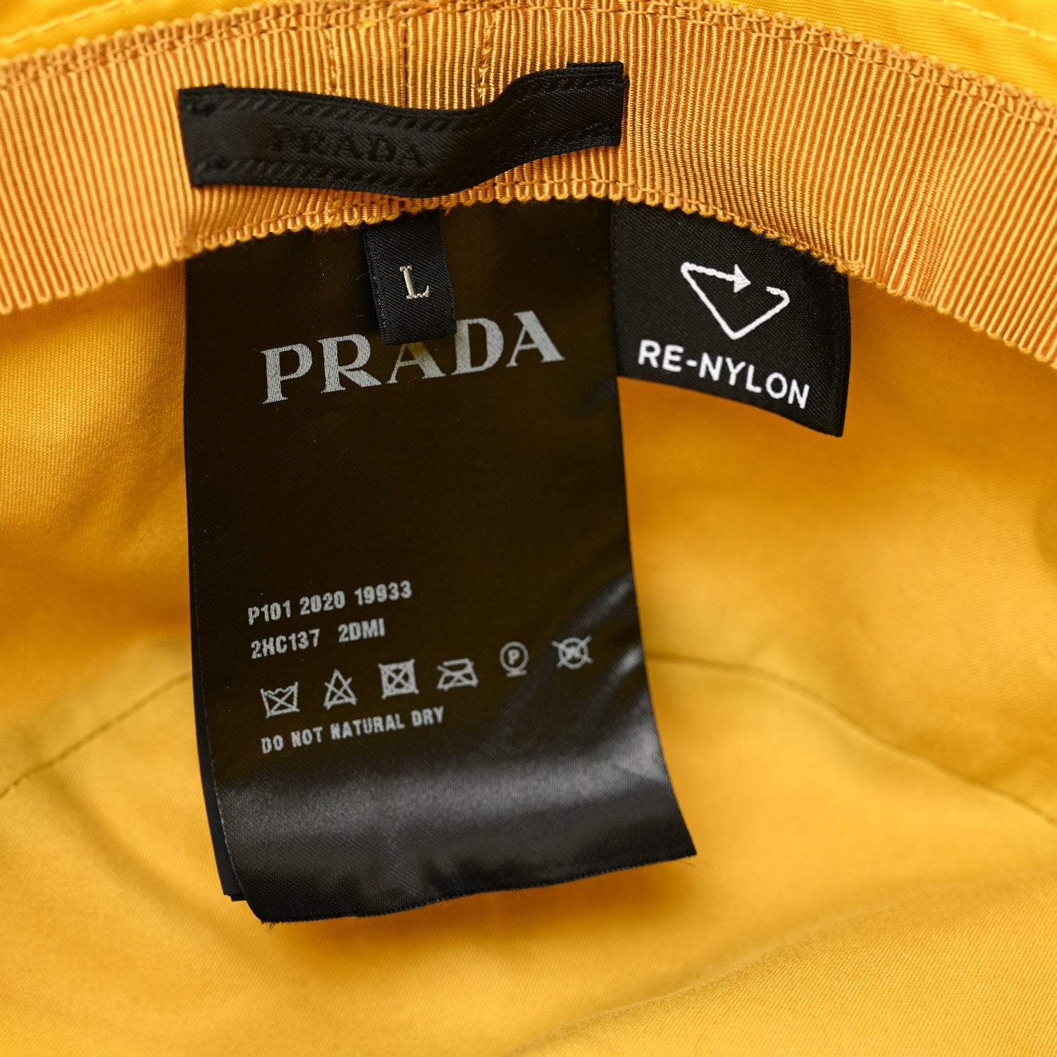 Prada Re-Nylon Metal Triangle Logo Mens Bucket Hat L Giallo 7 of 7