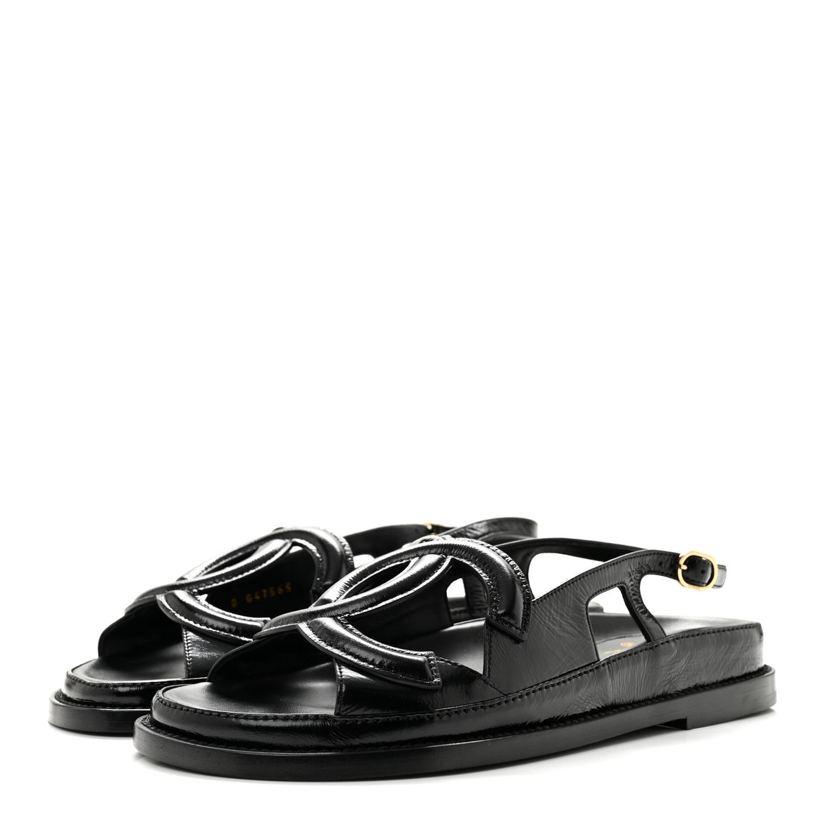 Shiny Crumpled Lambskin CC Cut Out Sandals 37 Black