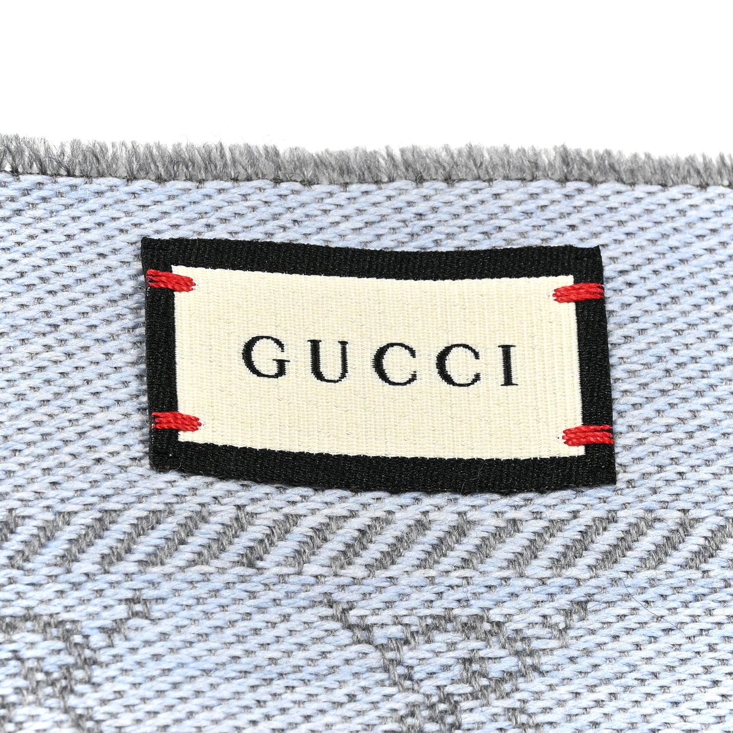 Gucci Wool GG Monogram Reversible New Sten Fringe Scarf Flannel Sky Blue 3 of 4
