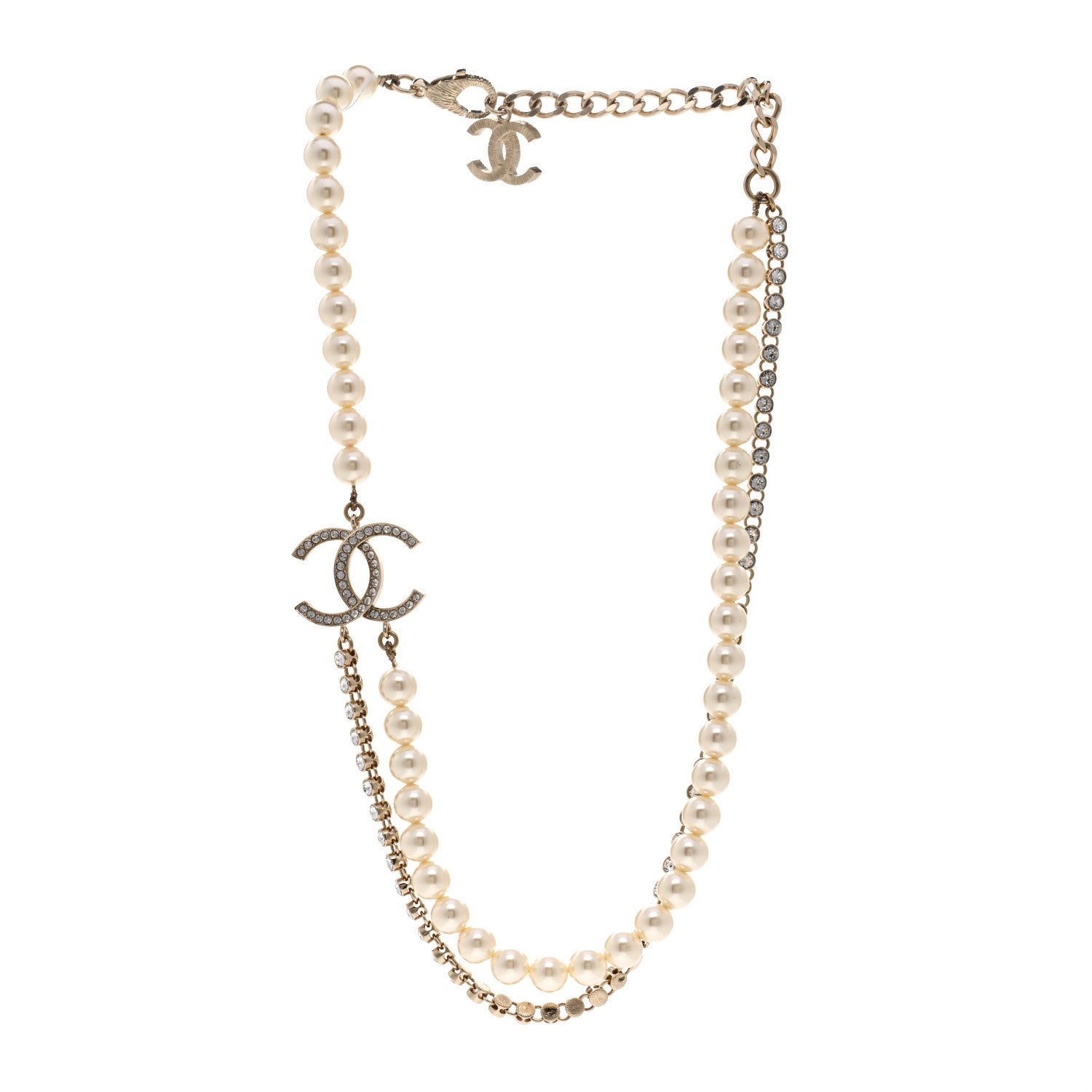 Chanel Pearl Crystal CC Double Strand Necklace Gold White 3 of 6