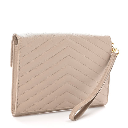 Saint Laurent Grain De Poudre Matelasse Chevron Monogram Envelope Clutch Dark Beige 3 of 8