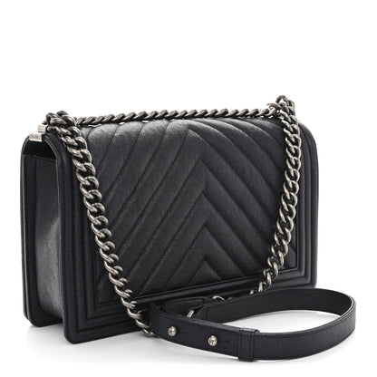 Chanel Caviar Chevron Quilted New Medium Boy Flap Dark Navy Blue 3 of 10