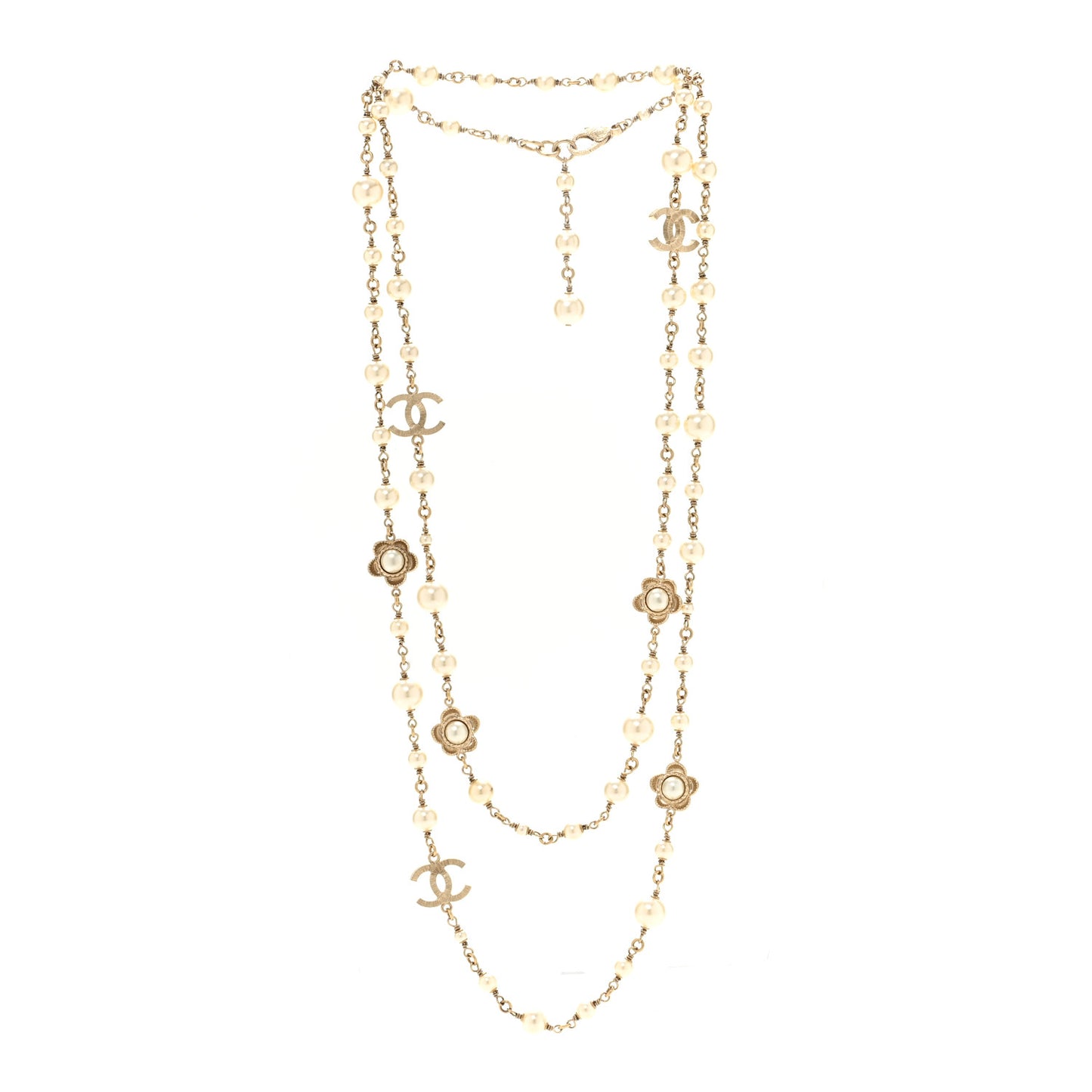 Pearl Bead CC Flower Long Necklace Gold