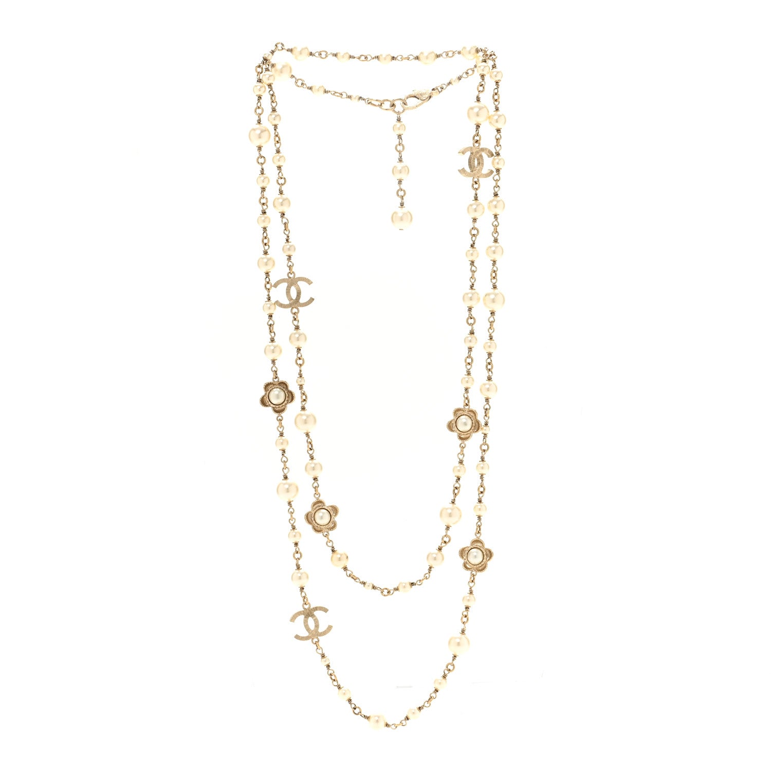 Chanel Pearl Bead CC Flower Long Necklace Gold 3 of 5