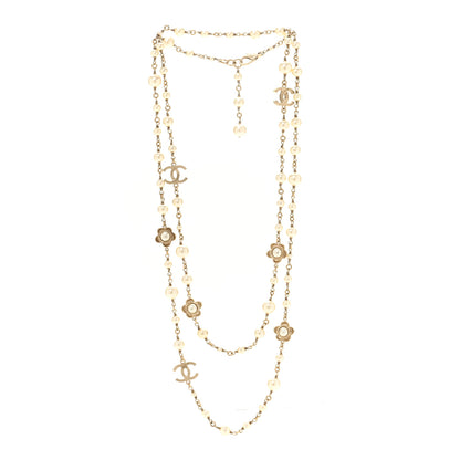 Chanel Pearl Bead CC Flower Long Necklace Gold 3 of 5