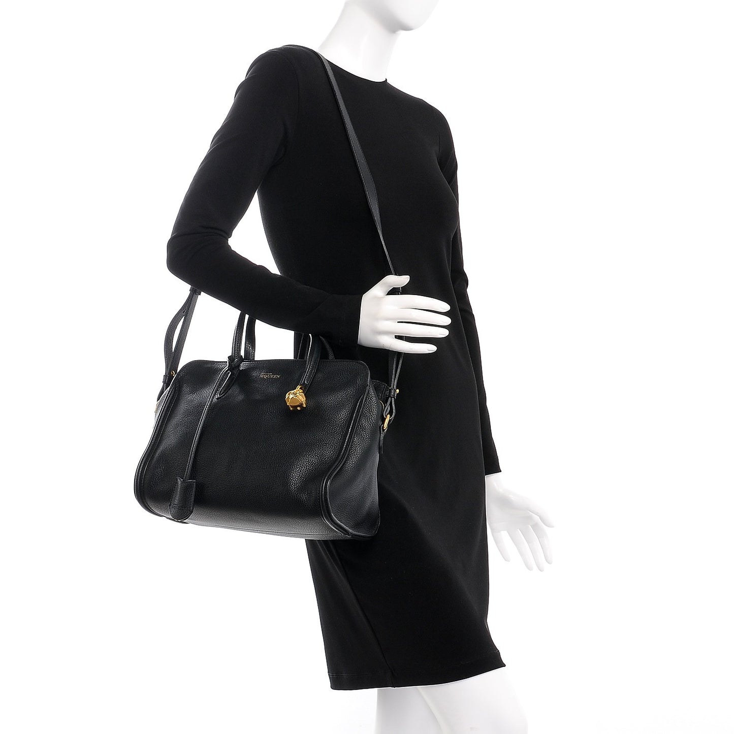 Pebbled Calfskin Small Skull Padlock Zip Around Tote Black