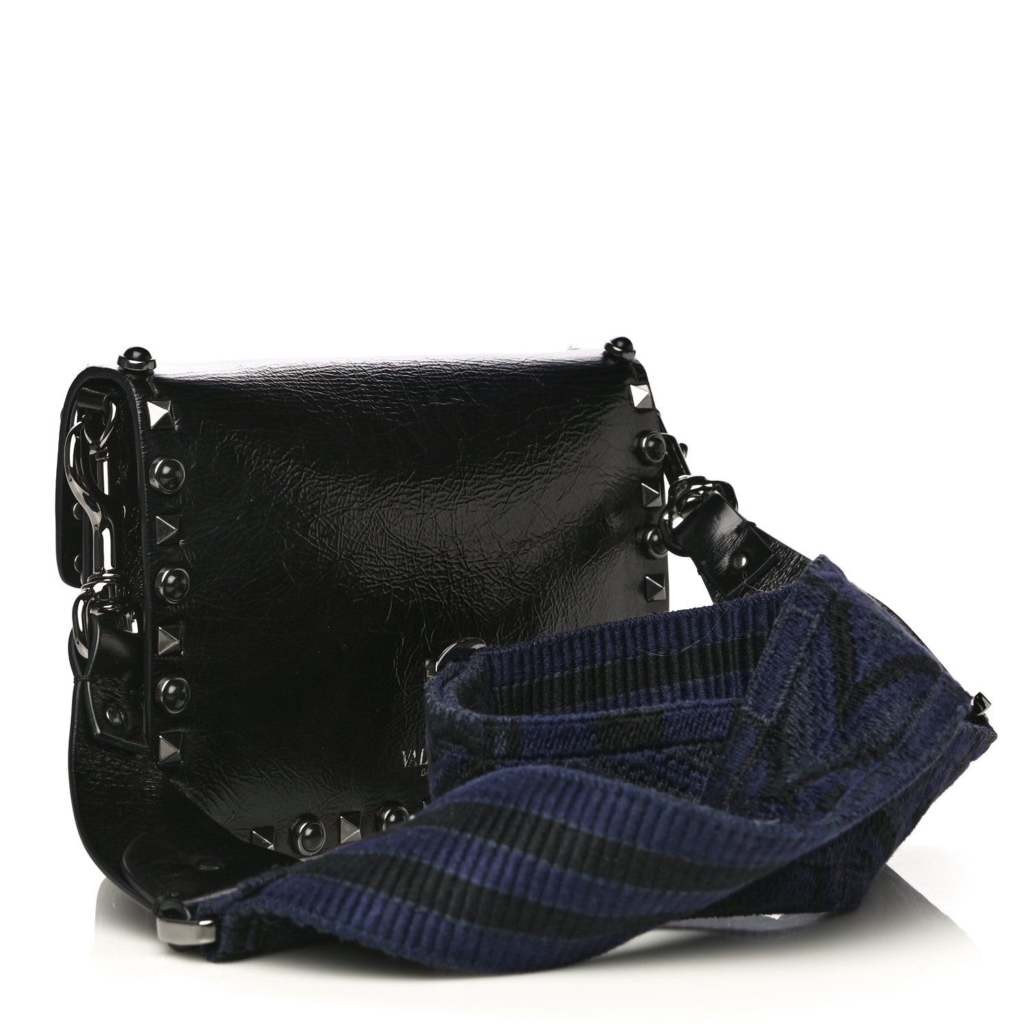 Valentino Garavani Craquele Calfskin Small Guitar Strap Rockstud Rolling Shoulder Flap Bag Black 2 of 11