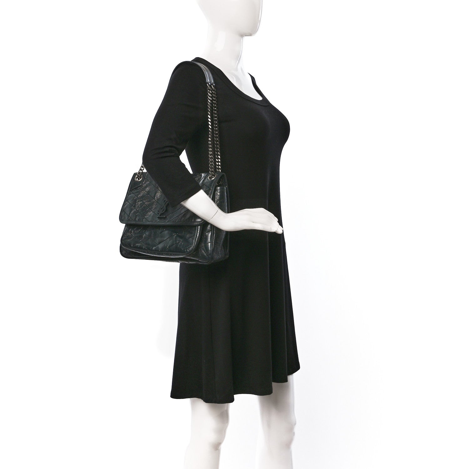 Saint Laurent Crinkled Calfskin Matelasse Monogram Medium Niki Chain Satchel Dark Green 2 of 9