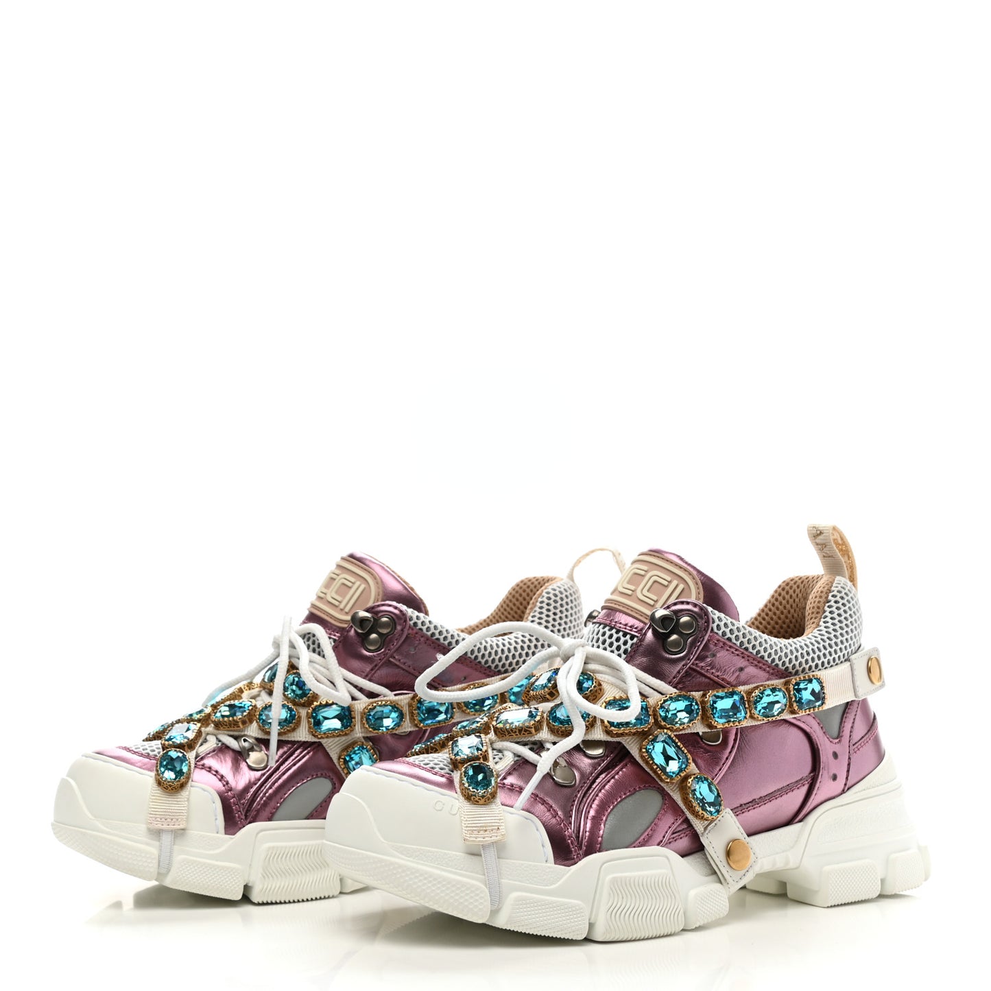 X SEGA Metallic Calfskin Mesh Removable Crystals Womens Flashtrek Sneakers 38.5 Rosa Great White Silver