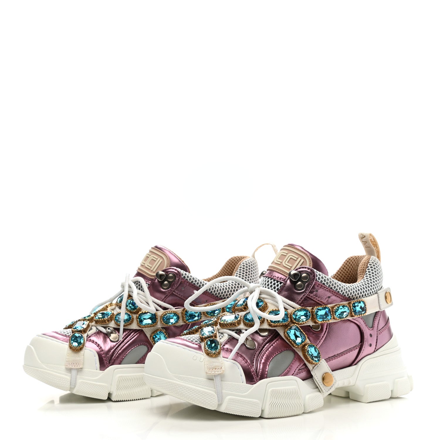 Gucci X SEGA Metallic Calfskin Mesh Removable Crystals Womens Flashtrek Sneakers 38.5 Rosa Great White Silver 3 of 7
