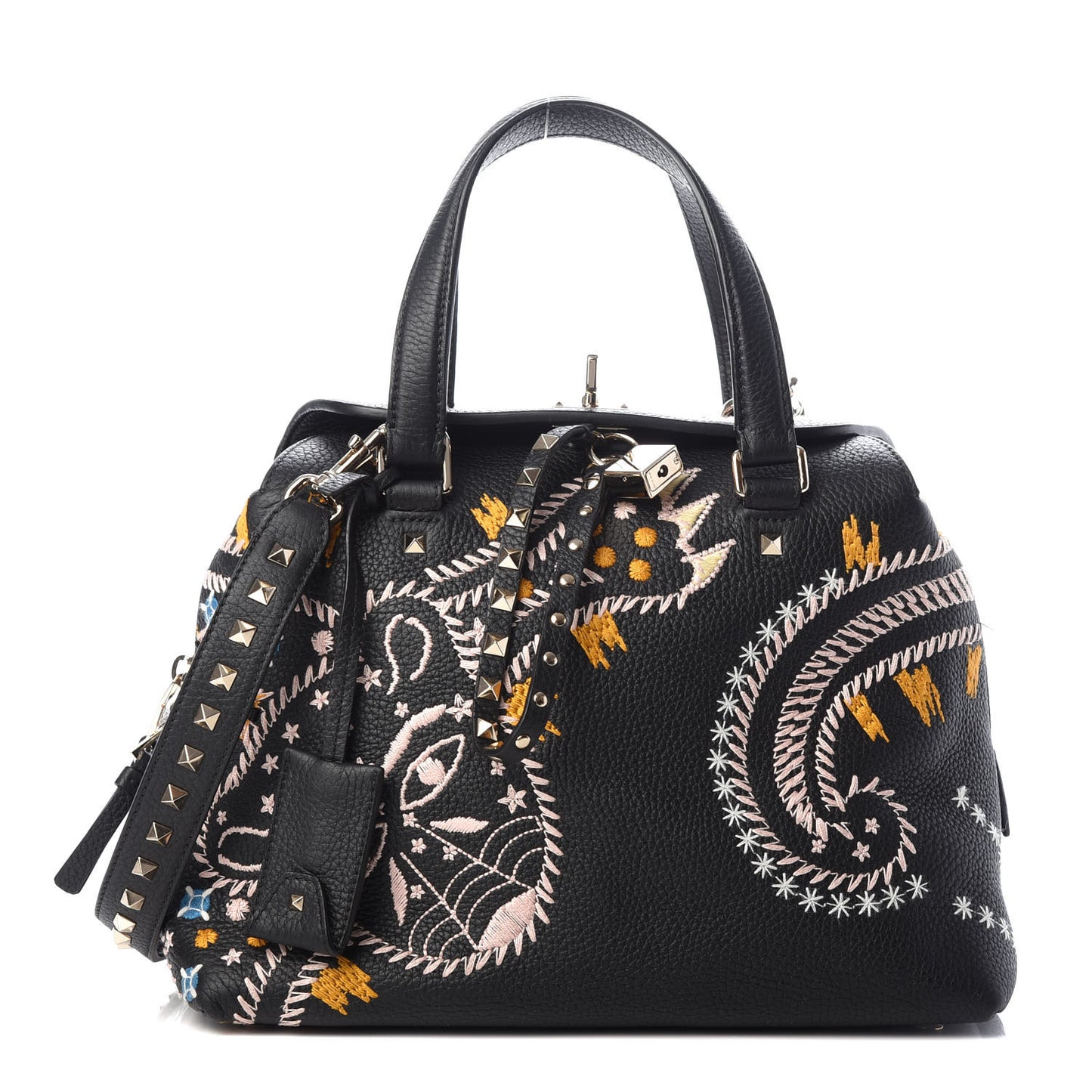 Calfskin Embroidered Rockstud Tote Black