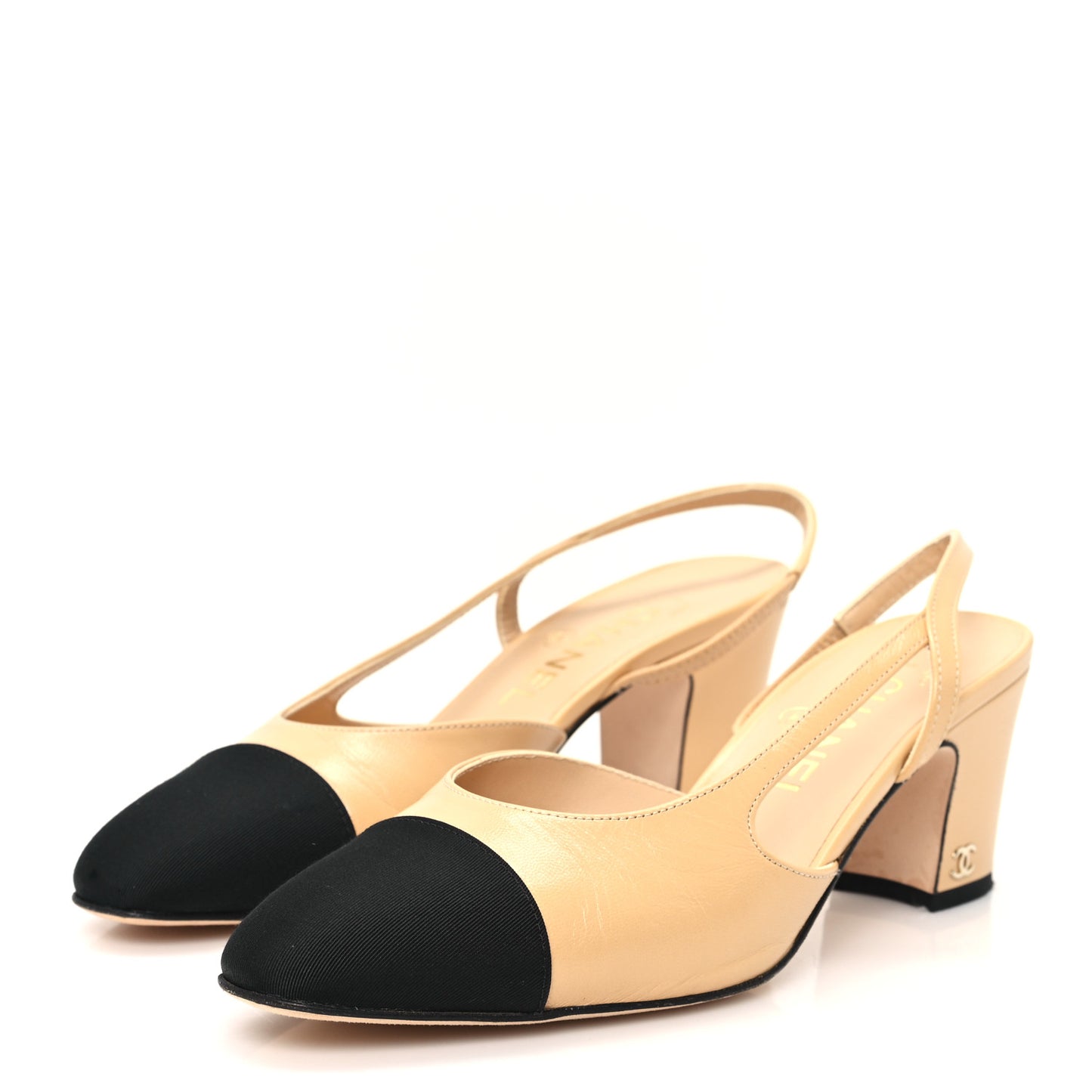 Goatskin Grosgrain Cap Toe CC Slingback Pumps 37 Beige Black