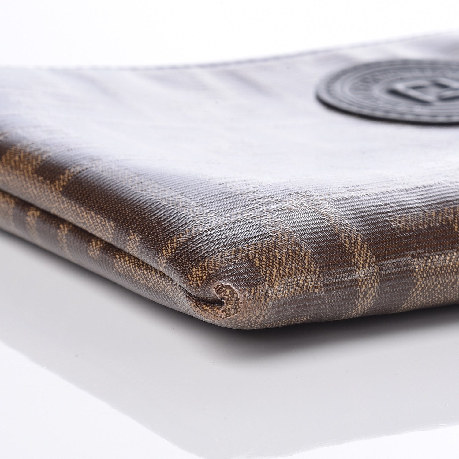 Fendi Glazed Fabric Vitello Century FF 1974 Stamp Patch Small FFreedom Flat Pouch Mogano Panna Black 7 of 8