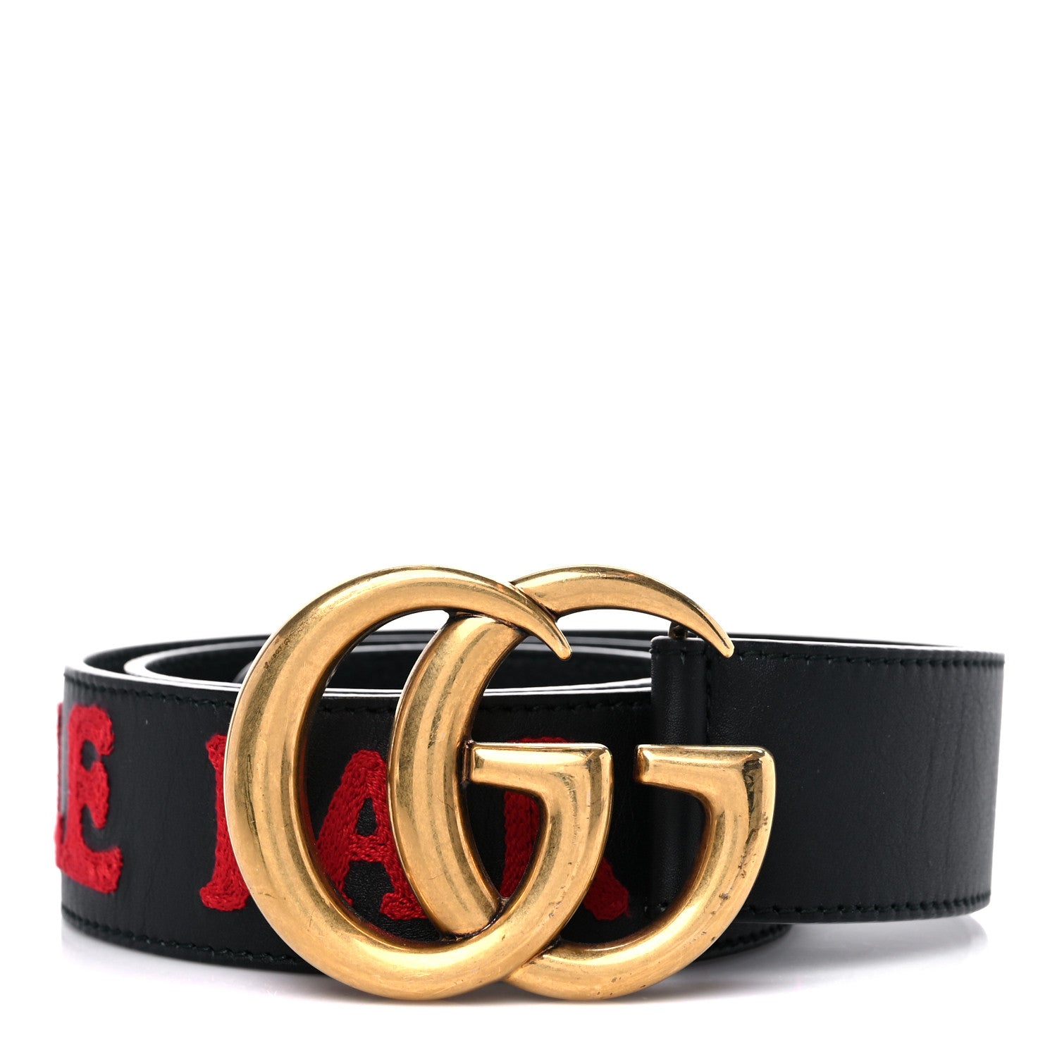 Gucci Calfskin L'Aveugle Par Amour Embroidered Double G 40mm Belt 80 32 Black Red 1 of 6