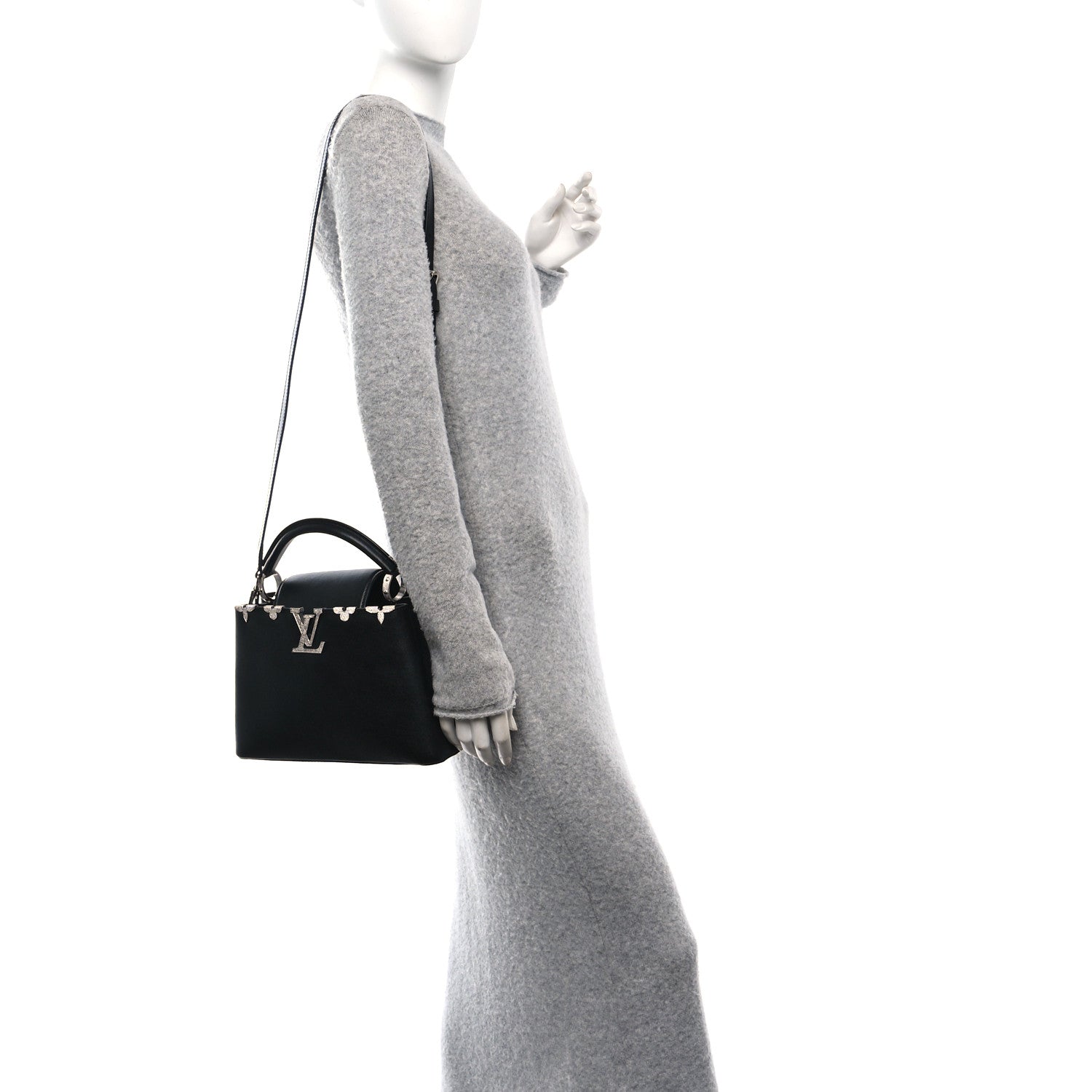 Louis Vuitton Smooth Calfskin Crystal Flowers Capucines BB Black 2 of 9