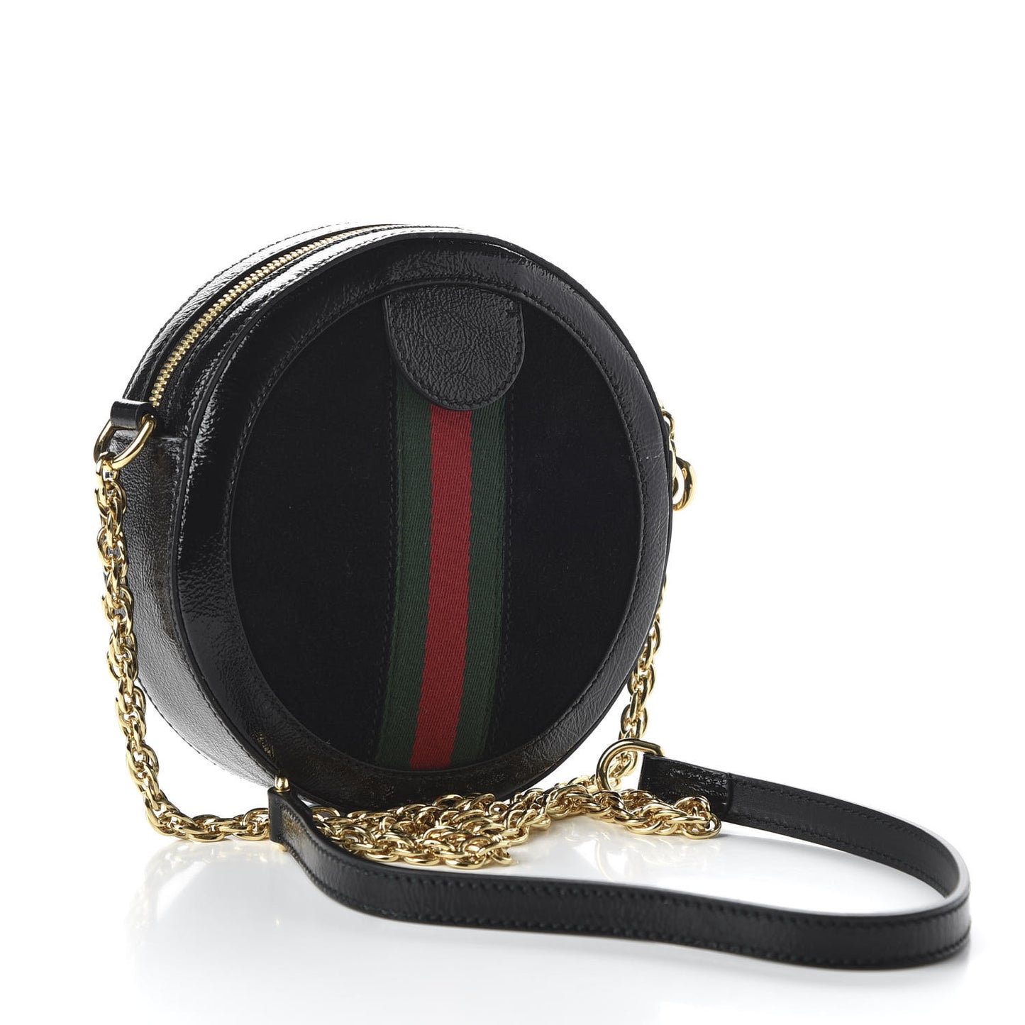 Suede Patent Web Mini Ophidia Round Shoulder Bag Black