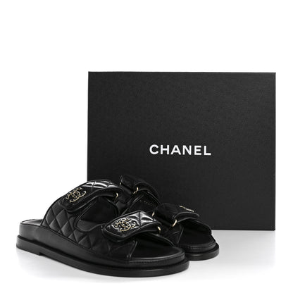 Chanel Lambskin Quilted Velcro Dad Chain CC Slide Sandals 36 Black 10 of 10