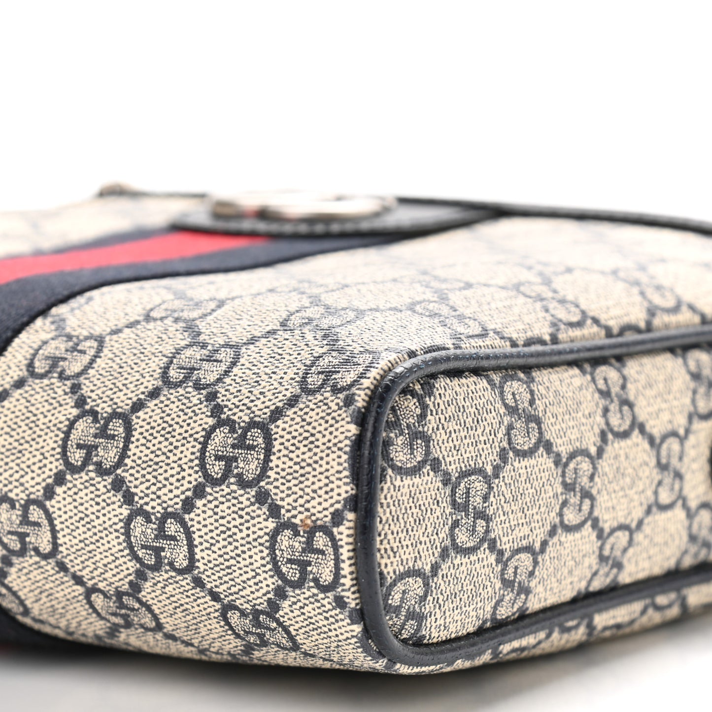 GG Supreme Monogram Textured Dollar Calfskin Web Small Ophidia Messenger Bag Beige Blue