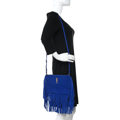 Saint Laurent Suede Calfskin Small Fringe Crossbody Bag Blue 3 of 10