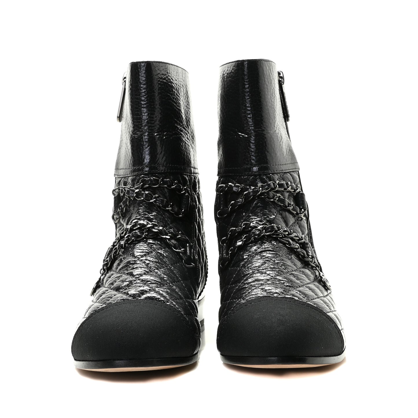 Glazed Deerskin Grosgrain Quilted Cap Toe Chain Boots 38.5 Grey Black