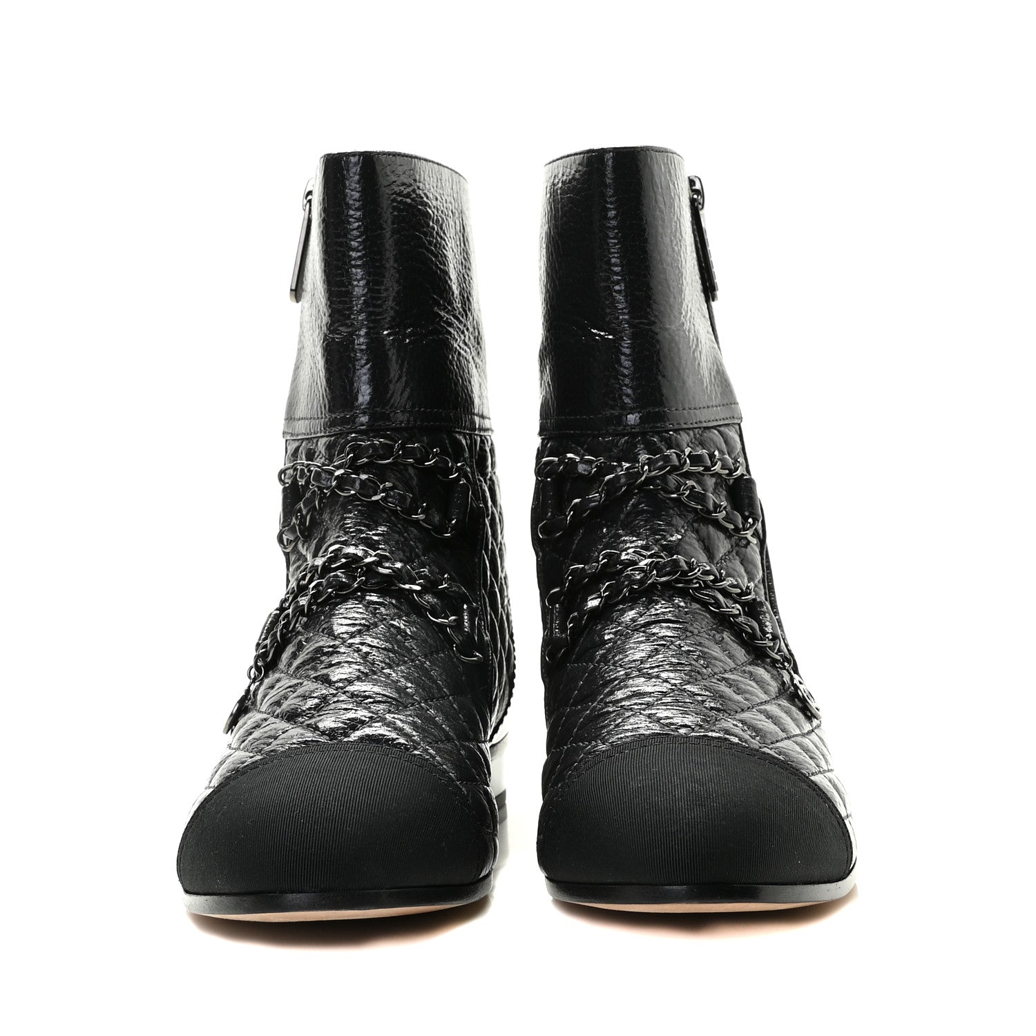 Chanel Glazed Deerskin Grosgrain Quilted Cap Toe Chain Boots 38.5 Grey Black 3 of 9