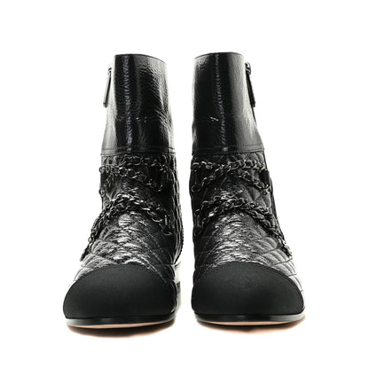 Chanel Glazed Deerskin Grosgrain Quilted Cap Toe Chain Boots 38.5 Grey Black 3 of 9
