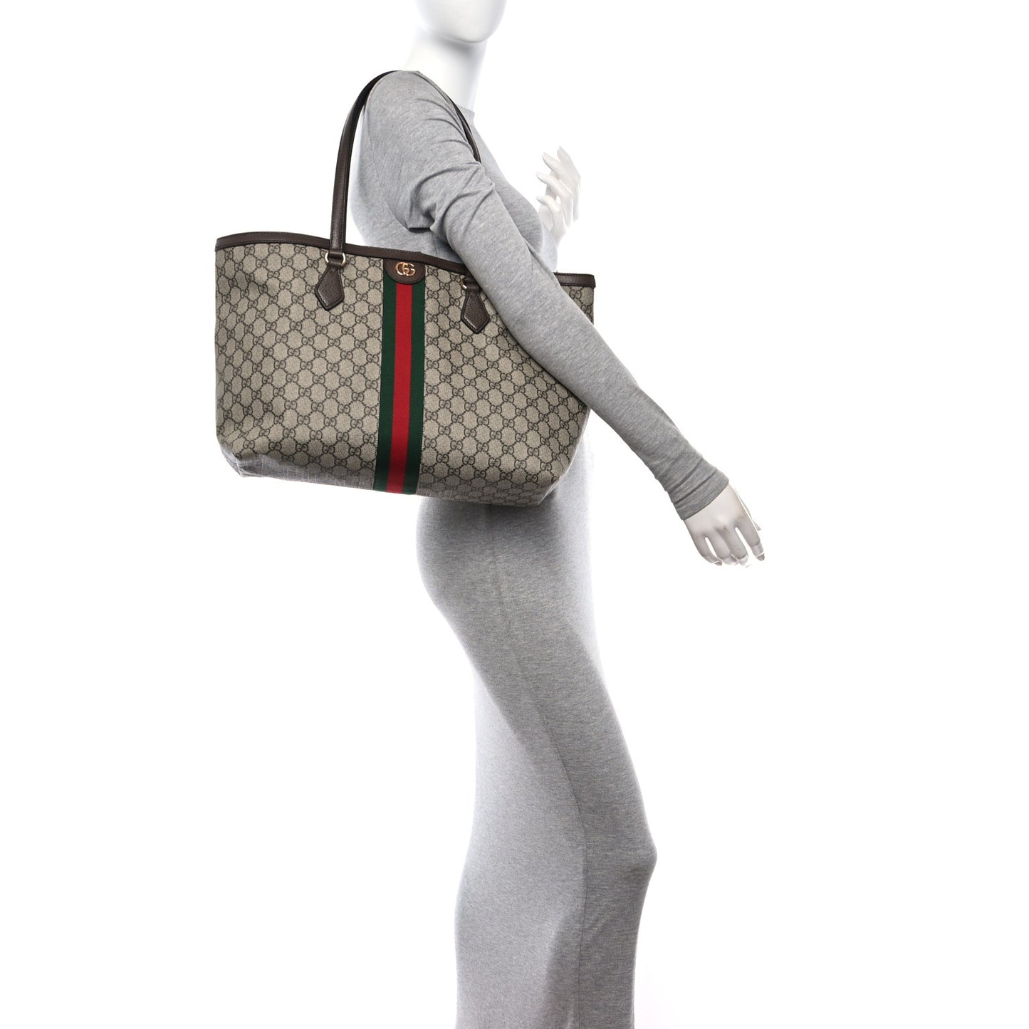 GG Supreme Monogram Textured Calfskin Web Medium Ophidia Shopping Tote Beige Ebony New Acero