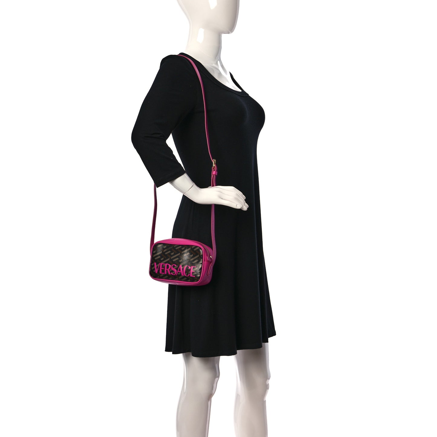 Coated Canvas Calfskin La Greca Emoji Crossbody Shoulder Bag Black Camel Deep Fuxia
