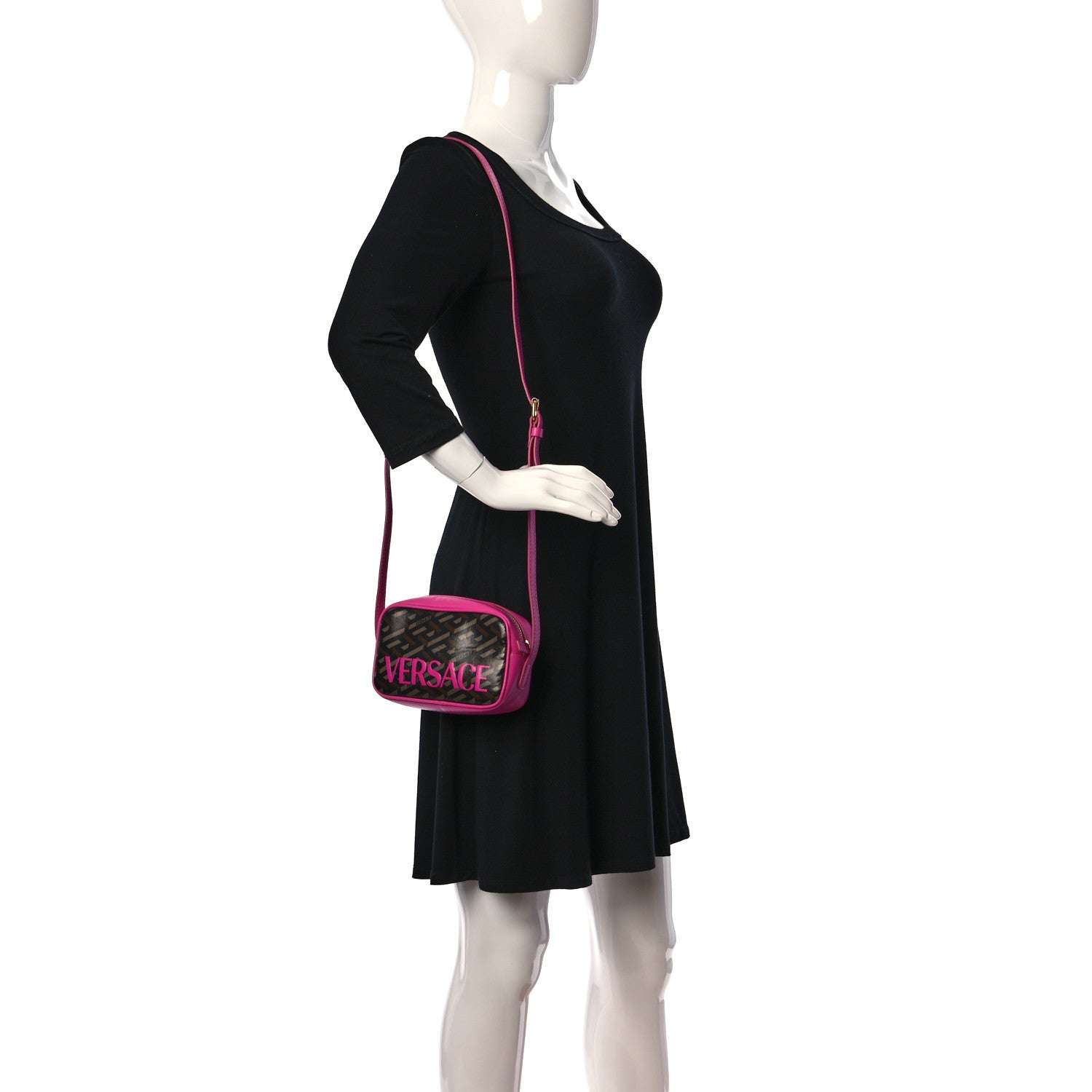 Versace Coated Canvas Calfskin La Greca Emoji Crossbody Shoulder Bag Black Camel Deep Fuxia 2 of 10
