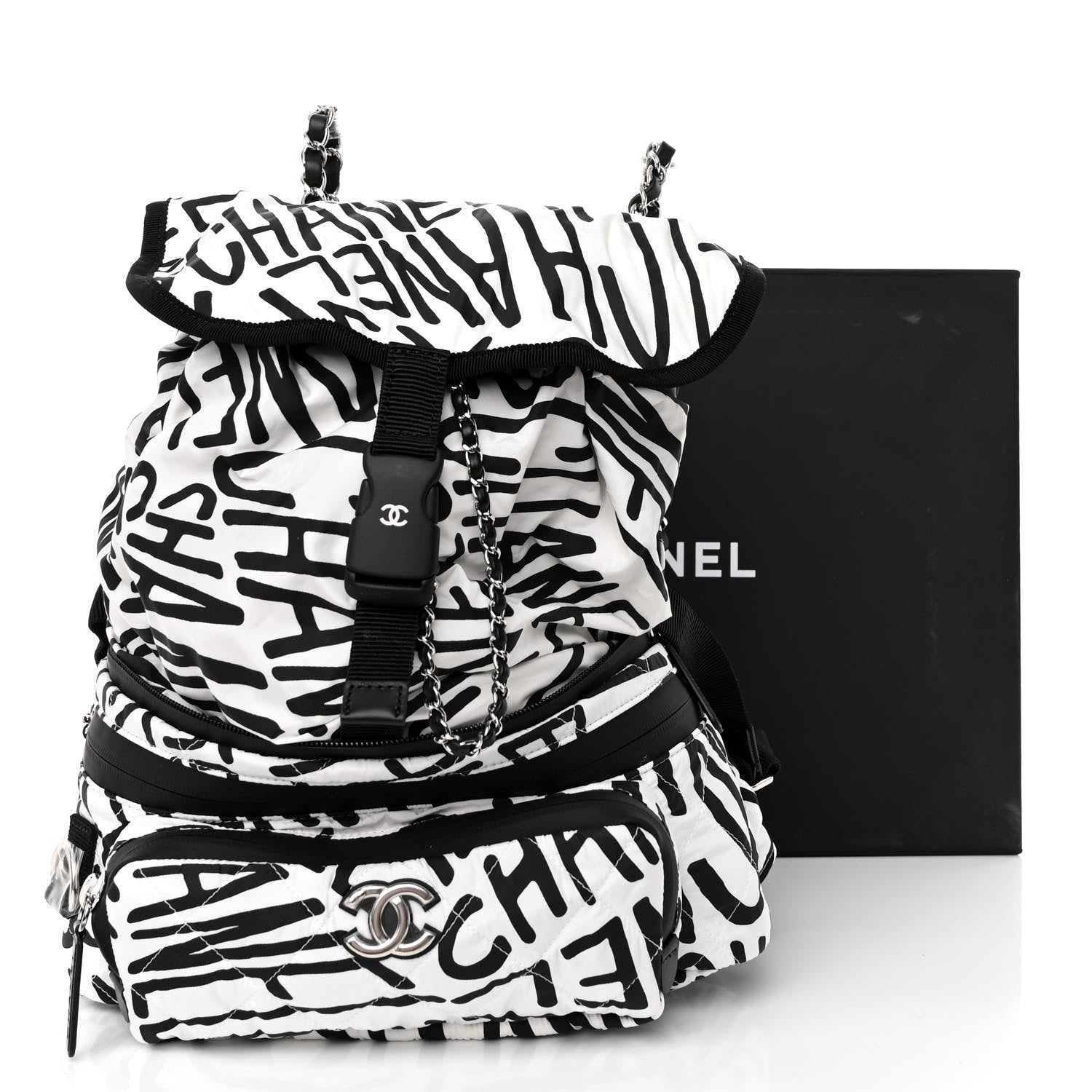 Chanel Nylon Printed Quilted Coco Neige Convertible Backpack Black White 3 of 10