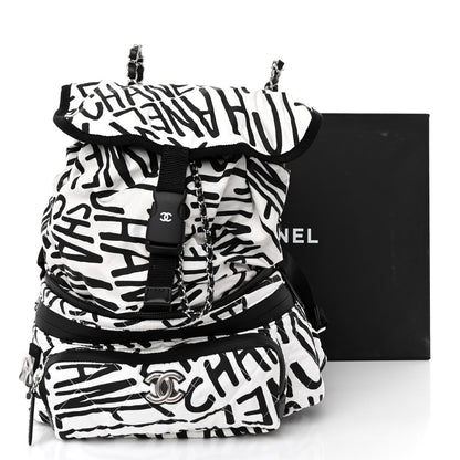 Chanel Nylon Printed Quilted Coco Neige Convertible Backpack Black White 3 of 10