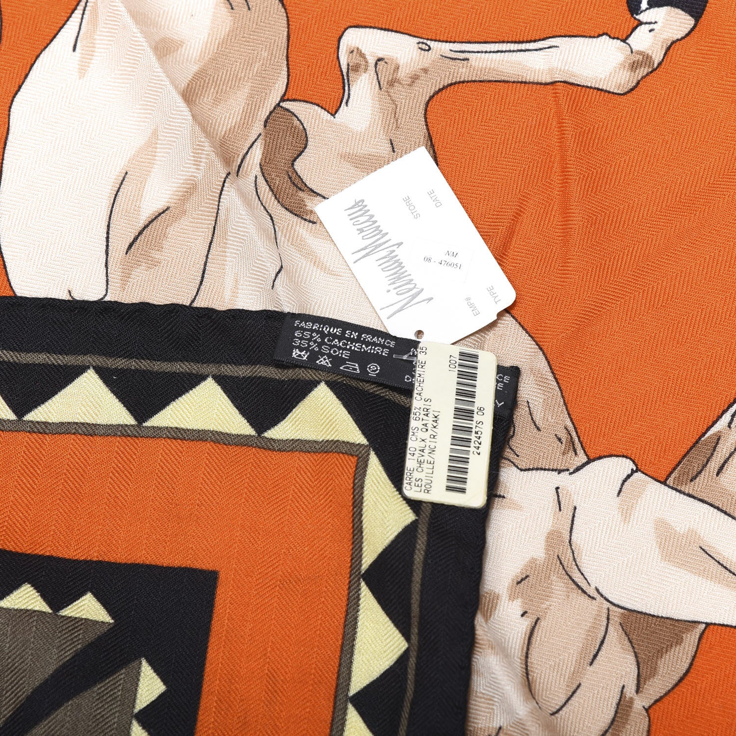 Hermes Cashmere Silk Les Chevaux Qataris Shawl 140 Rouille Black Kaki 4 of 4