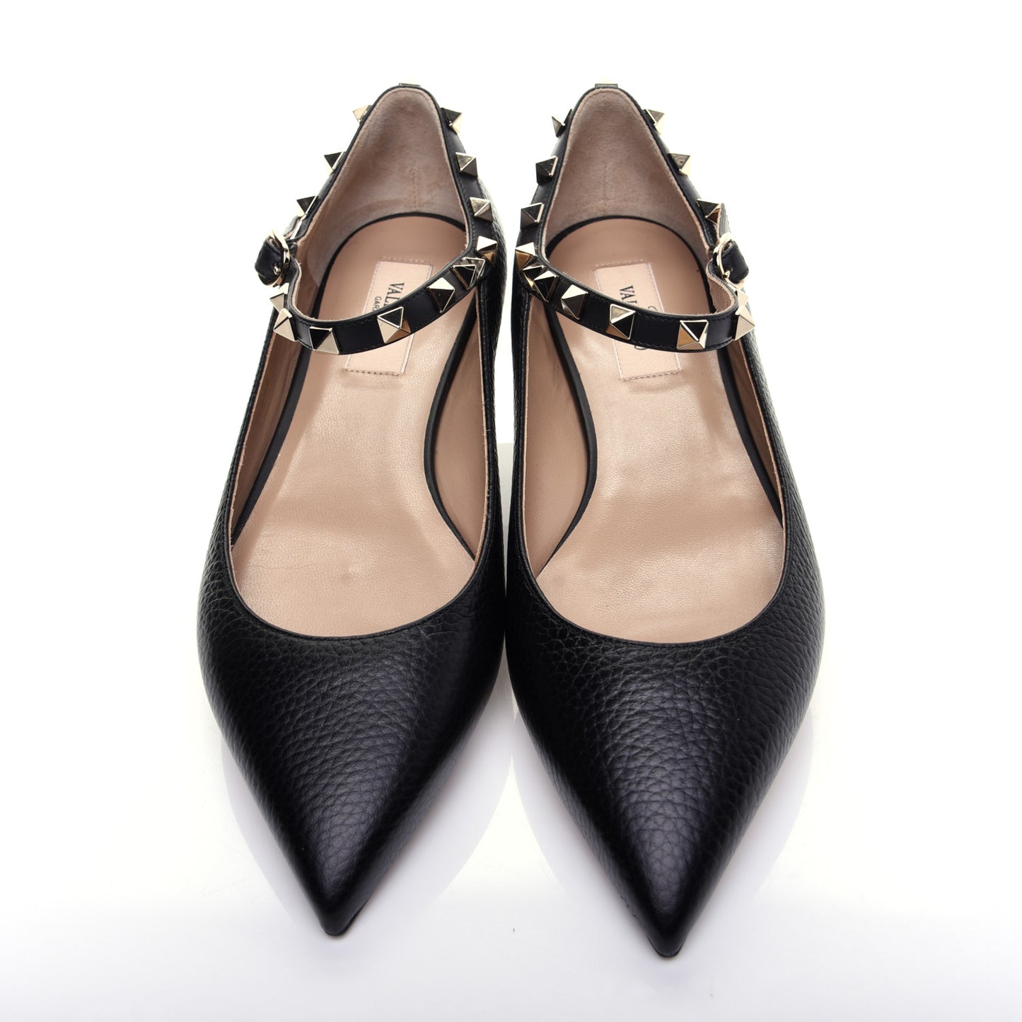 Pebbled Calfskin Rockstud Ankle Strap Ballerina Flats 38 Black