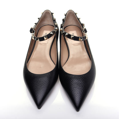 Valentino Garavani Pebbled Calfskin Rockstud Ankle Strap Ballerina Flats 38 Black 9 of 14