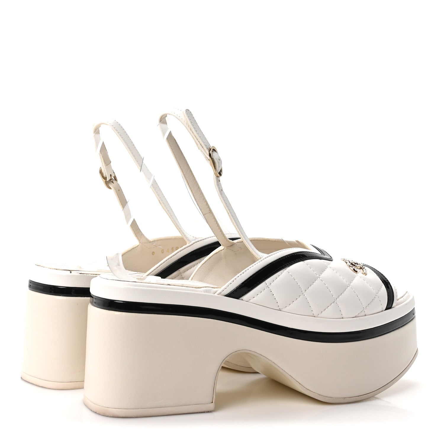 Chanel Lambskin Patent Quilted CC Platform Sandals 37.5 White Black 5 of 9
