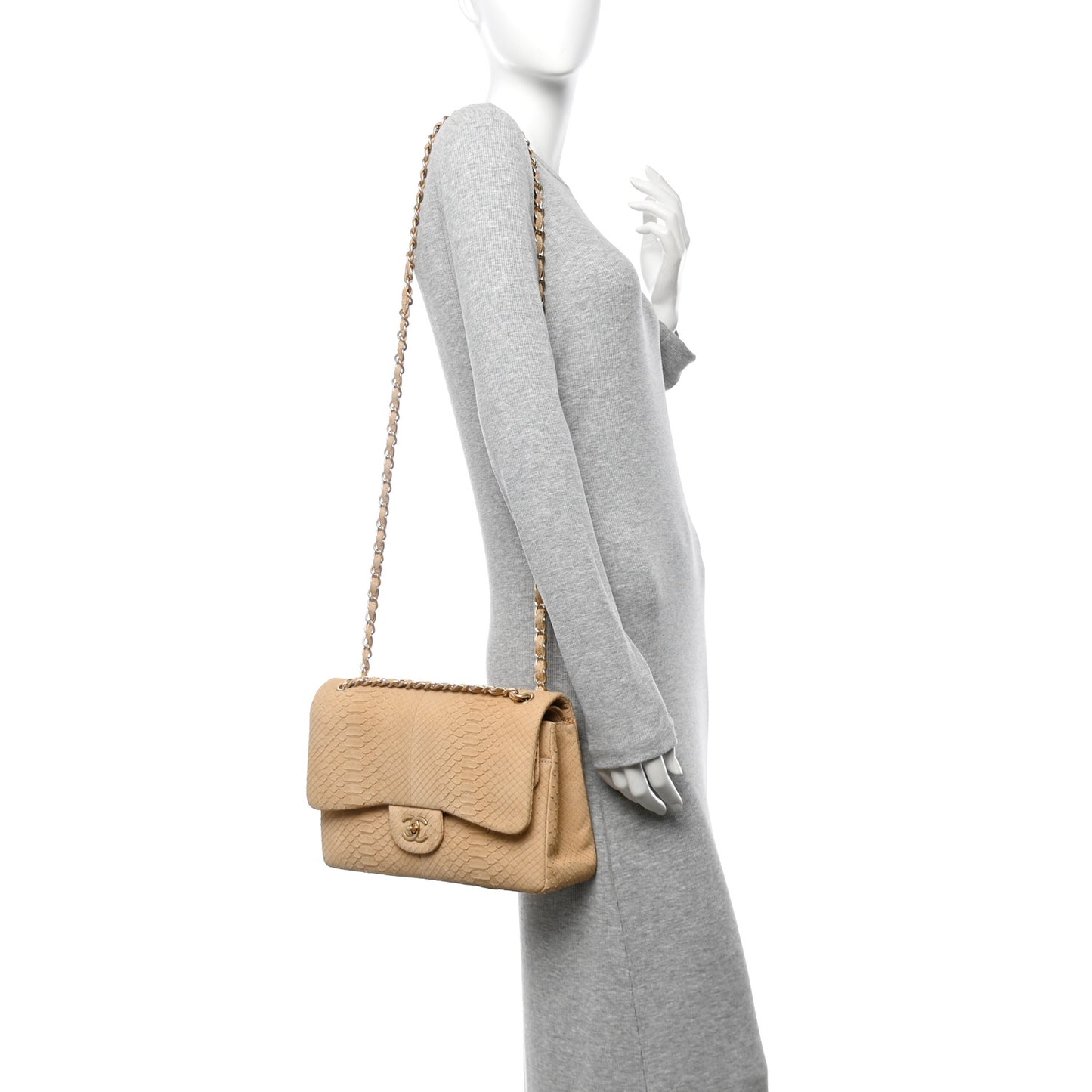 Snakeskin Jumbo Double Flap Beige